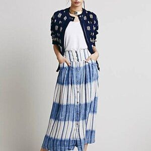 Free People Loose Change Maxi Skirt Size 12 Blue Striped Tie Dye Boho Linen